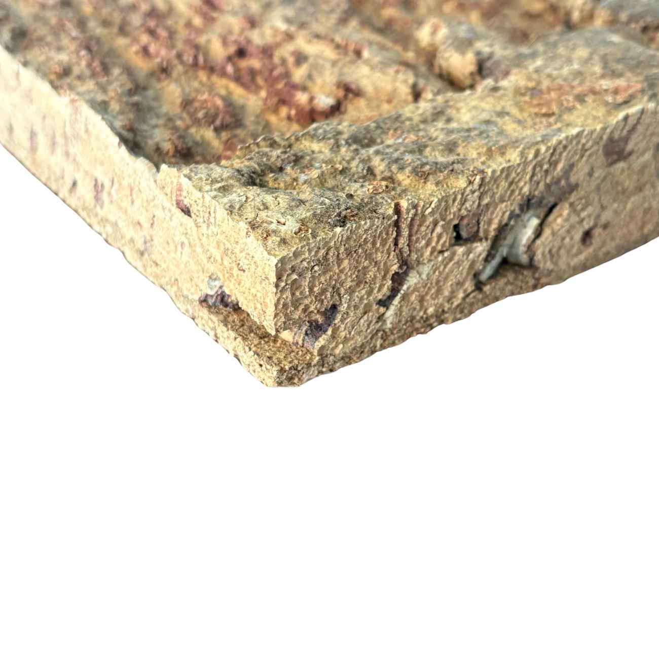 Corner view close up of Arizona cork wall tile featuring rough textured cork belly bark