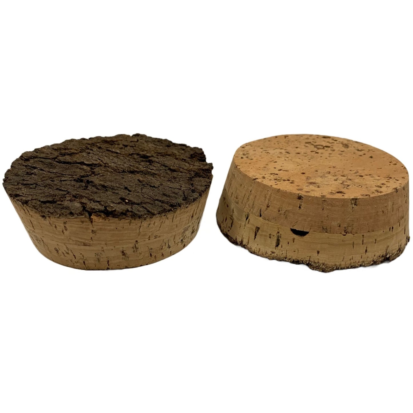 Two BT07 natural rough top cork stoppers showing textured bark tops with solid cork bottoms and sides