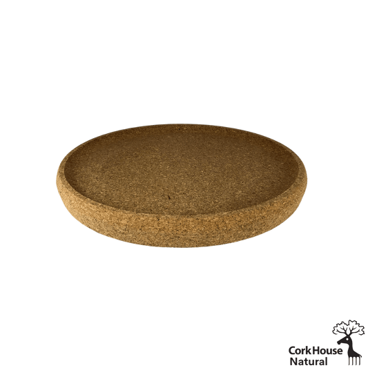 Side View shot the natural cork circular tray featuring a raised lip.
