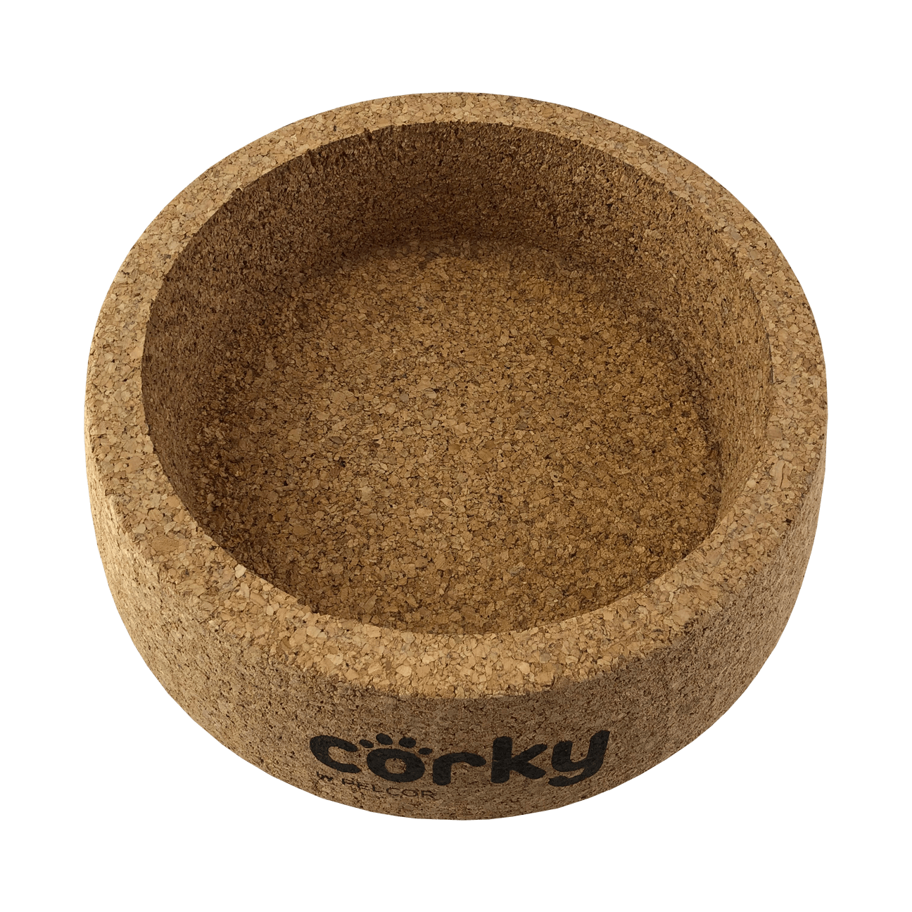 The cork base without the stainless steel bowl showing the "corky" written on the front of the base.