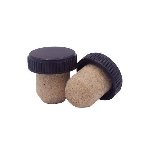 19.5mm synthetic cork stopper with black ribbed plastic top, 2 stoppers