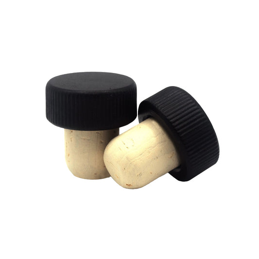 Black wood top stopper with natural cork stem with rounded edges.