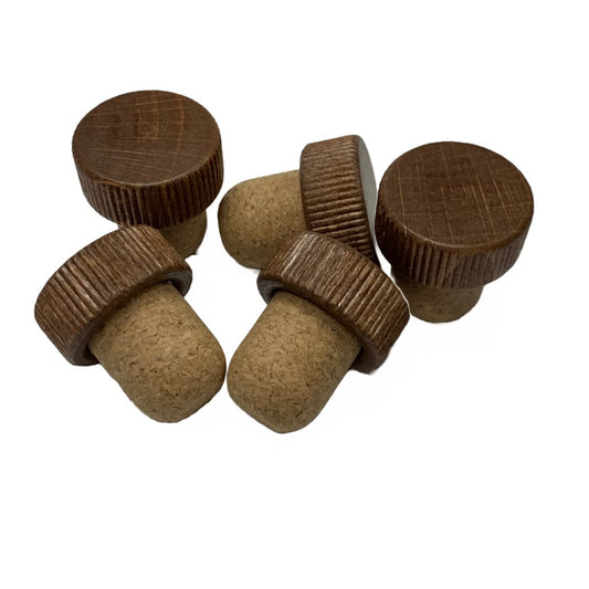 Brown wood cap stoppers with ribbed edges and fusioncork stem