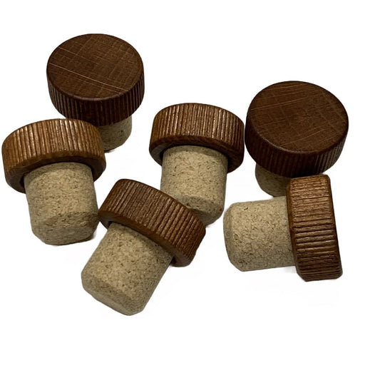 Brown wood cap stopper with fusion cork stem - angled view of cap and stem