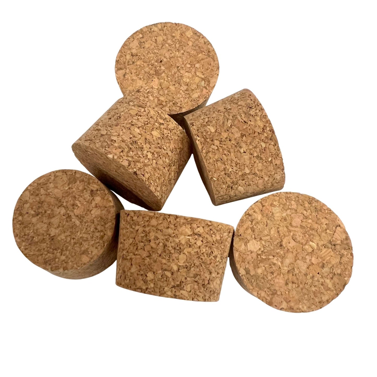 Various short length tapered cork stoppers to show different angles