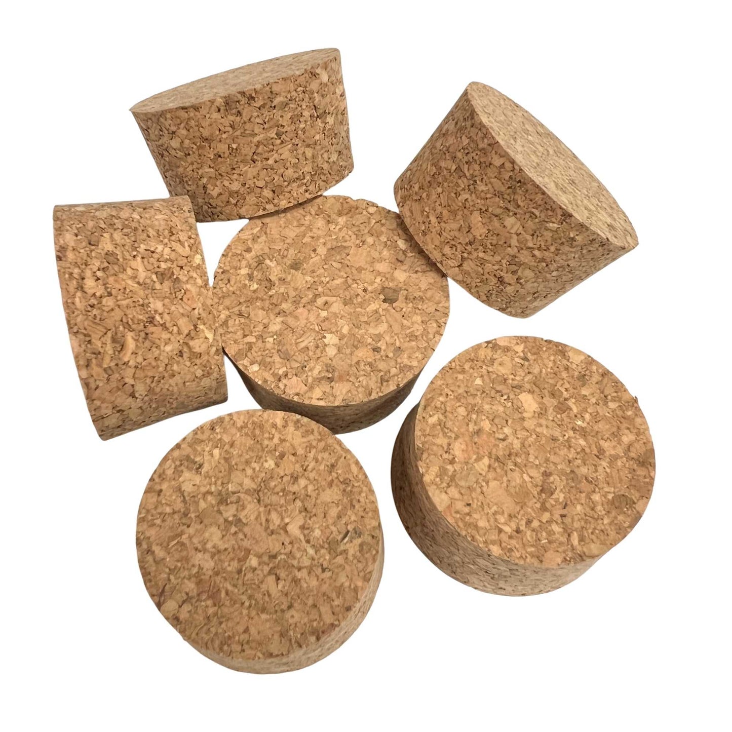 Various angled views of short-length tapered cork stoppers, size SL22