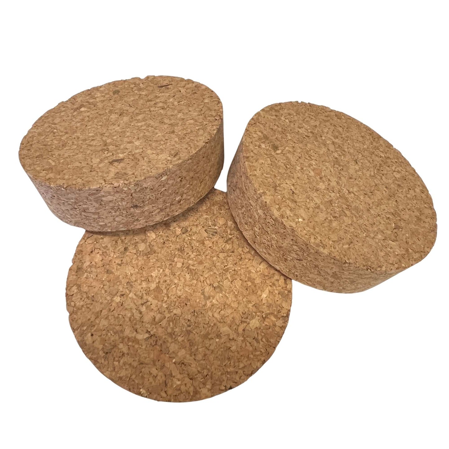 Various angled views of short-length tapered cork stoppers showing texture, conical shape, size SL54