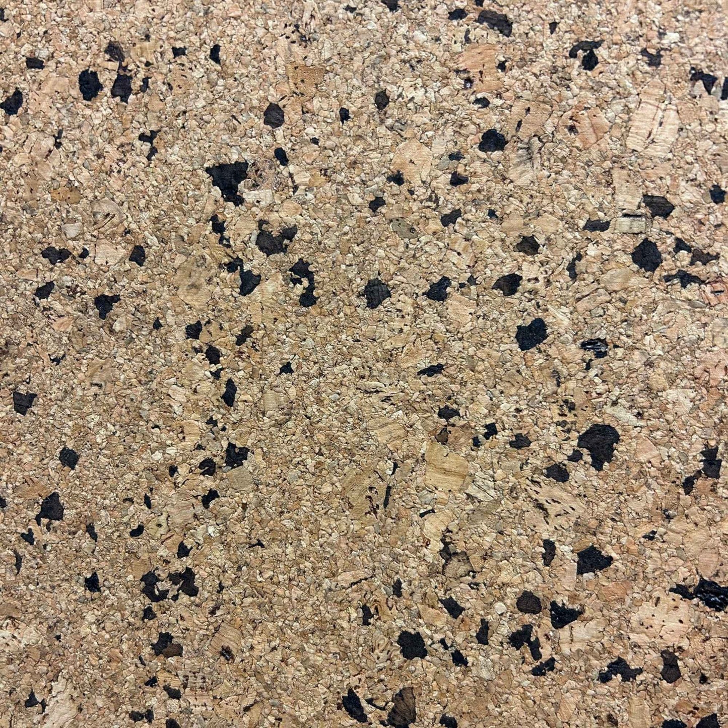 A close up photo of the speckled pattern of cork wall tiles showing the natural cork colored base with dark cork speckles.
