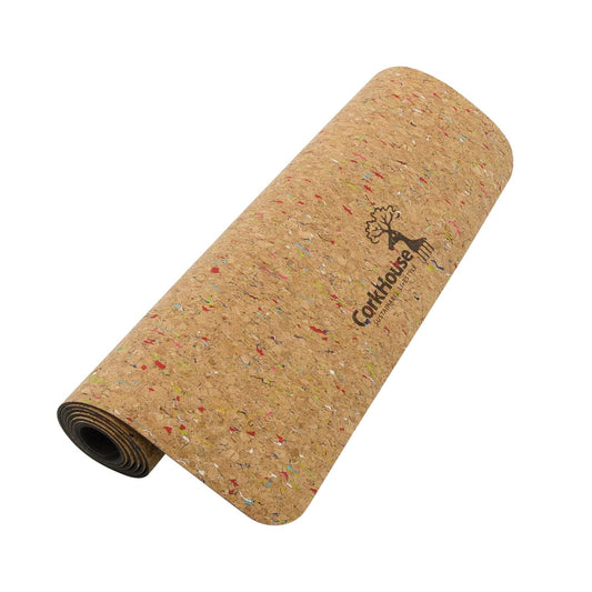 Cork yoga mat rolled up to show the confetti colors mixed in with cork along with the Corkhouse logo.