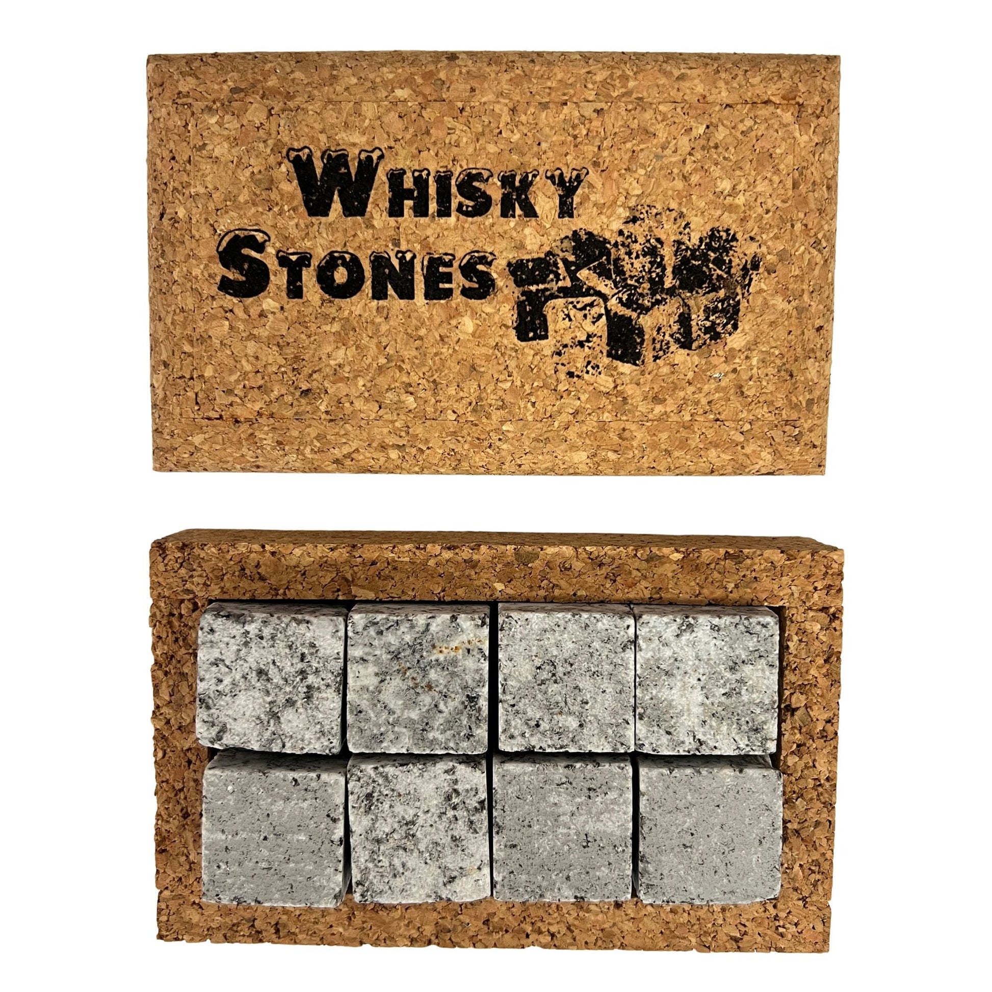 Open cork box displaying eight whiskey cubes