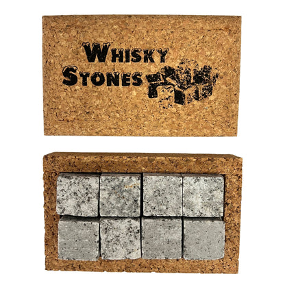 Open cork box displaying eight whiskey cubes