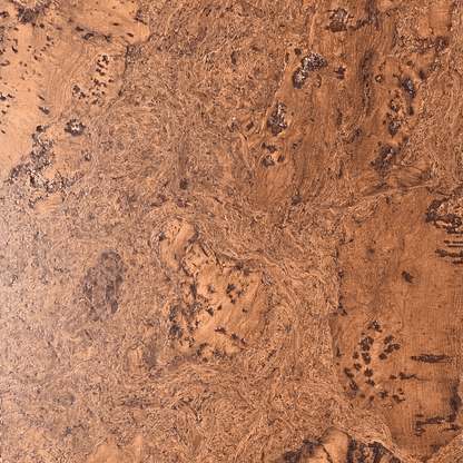 Close-up of the sierra brown cork floating flooring with intricate swirling warm brown patterns