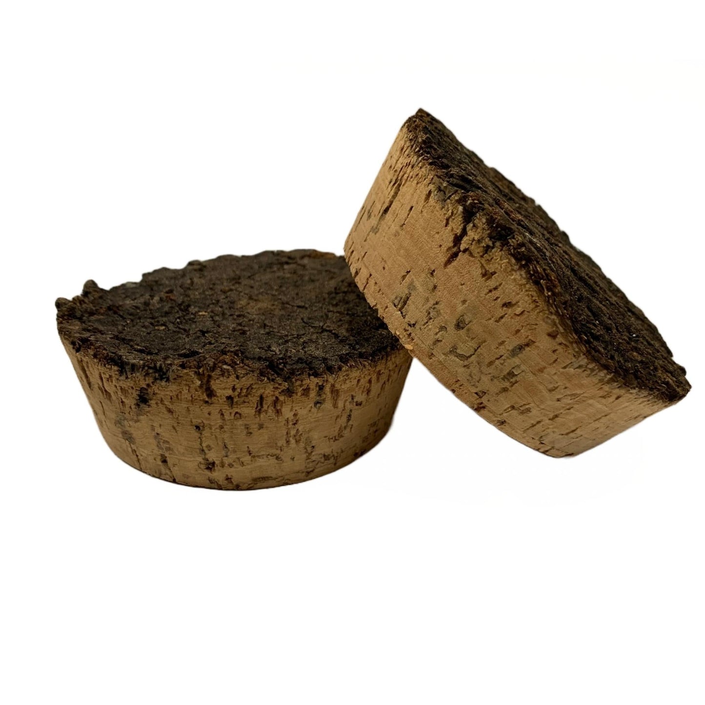 Two BT06 natural cork stoppers with textured tops and solid tapered cork stems.