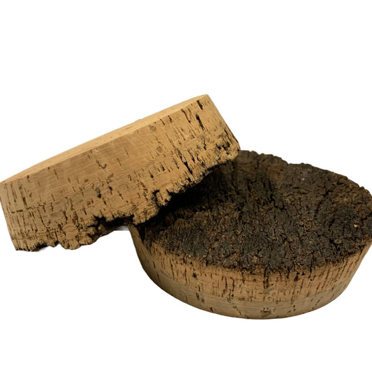 Two rough top BT cork stoppers, BT09, showing the rough, natural bark texture on the top and the smooth cork for the tapered stem