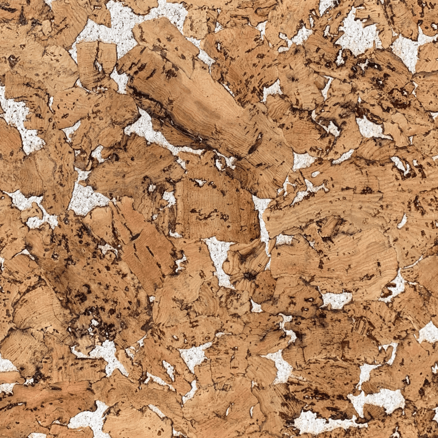 Close-up of cobblestone white Cork wall tile featuring a cork foreground with stained white quirk background accent.