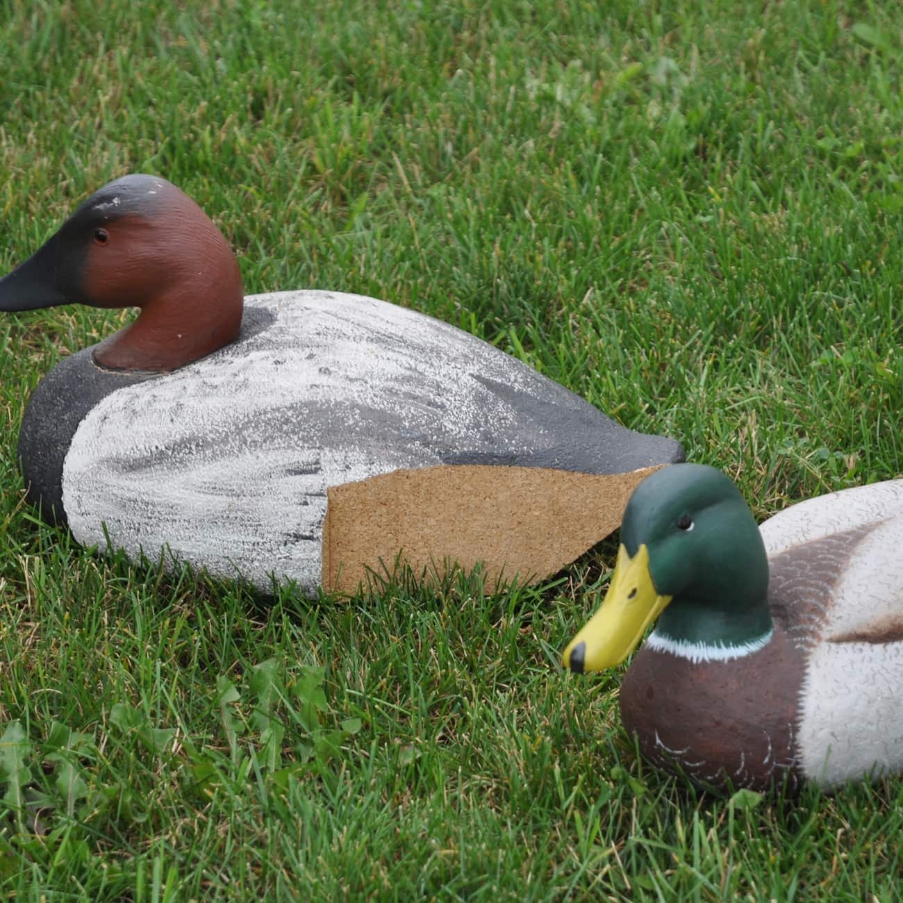 Two cork duck decoys carved from cork block on a grassy field