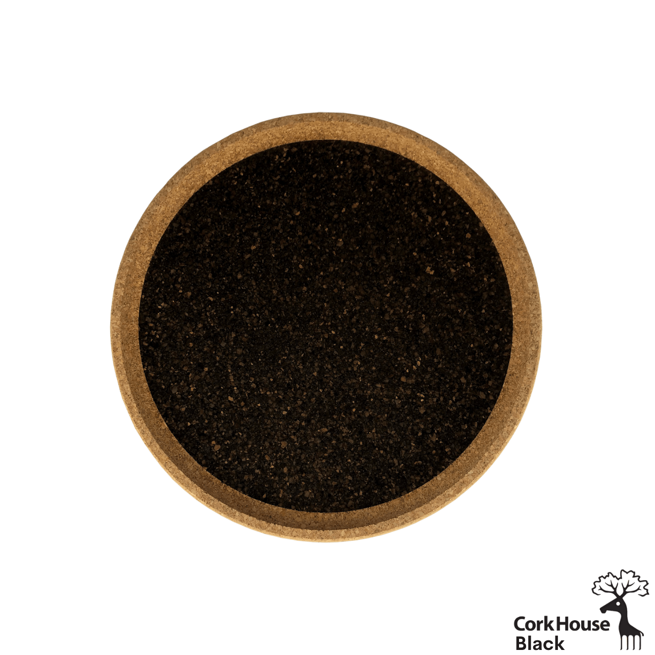 Overhead shot of the circular black cork tray with a natural-colored raised lip.