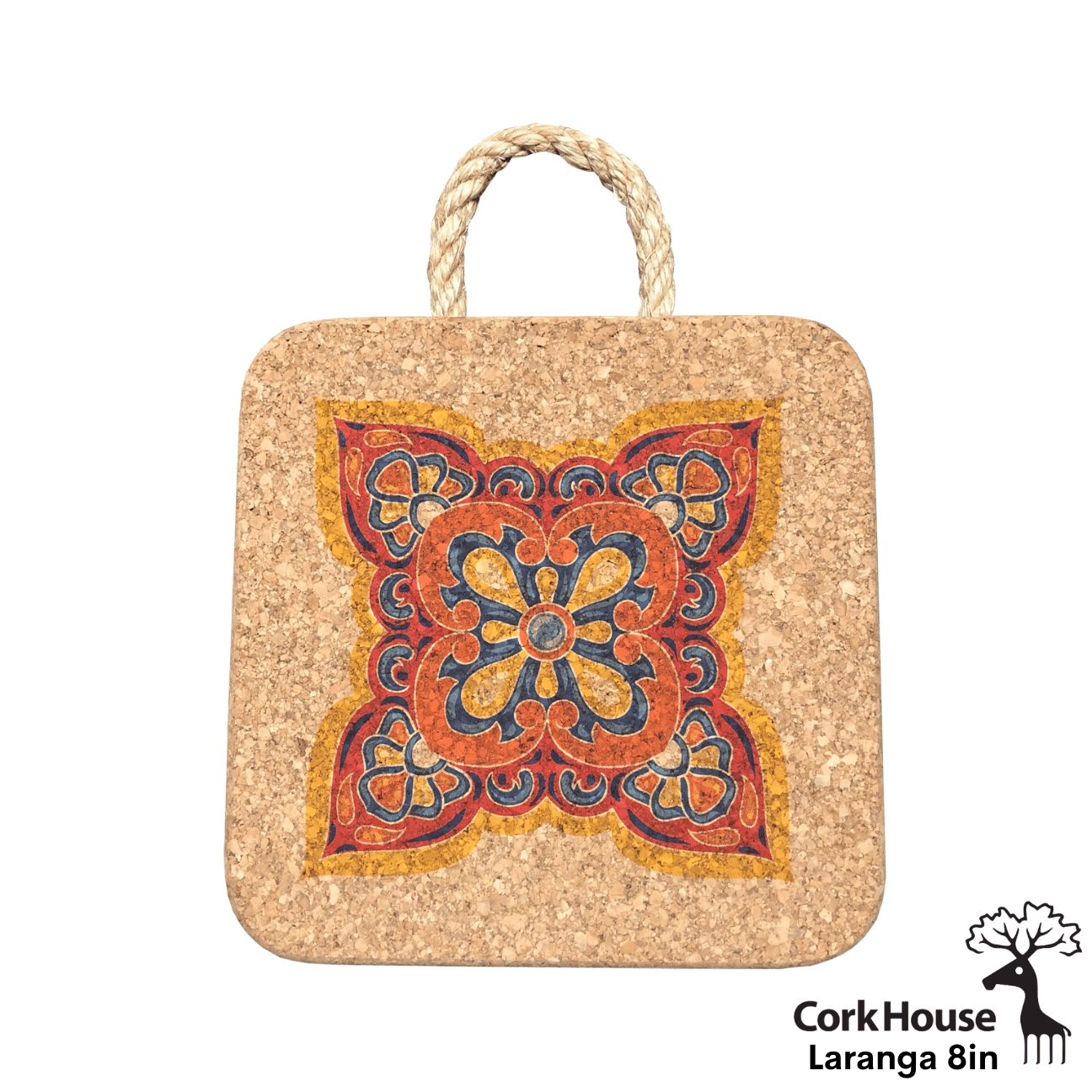 The 8in laranga hot pad features a swirling geometric pattern of marigold yellow, tangerine orange, cobalt blue and burgundy red with a twisted rope. 