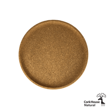 Overhead shot of the natural cork circular tray with a raised lip. 