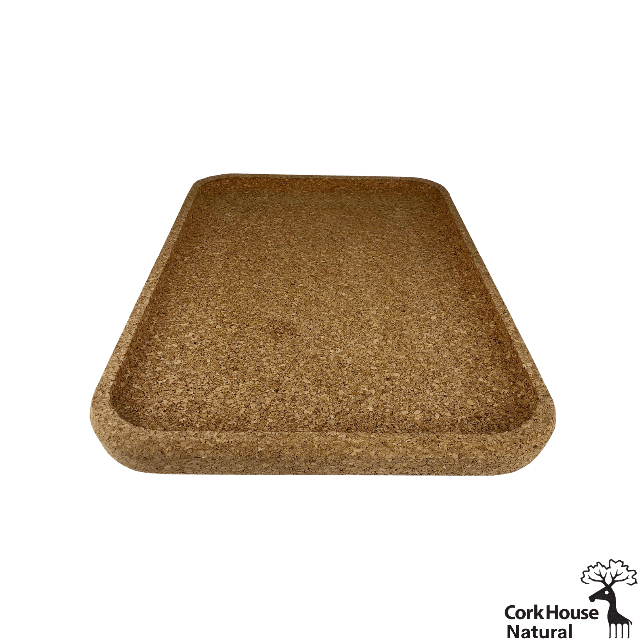 Side view of a rectangular cork serving tray with rounded edgs and a raised lip.