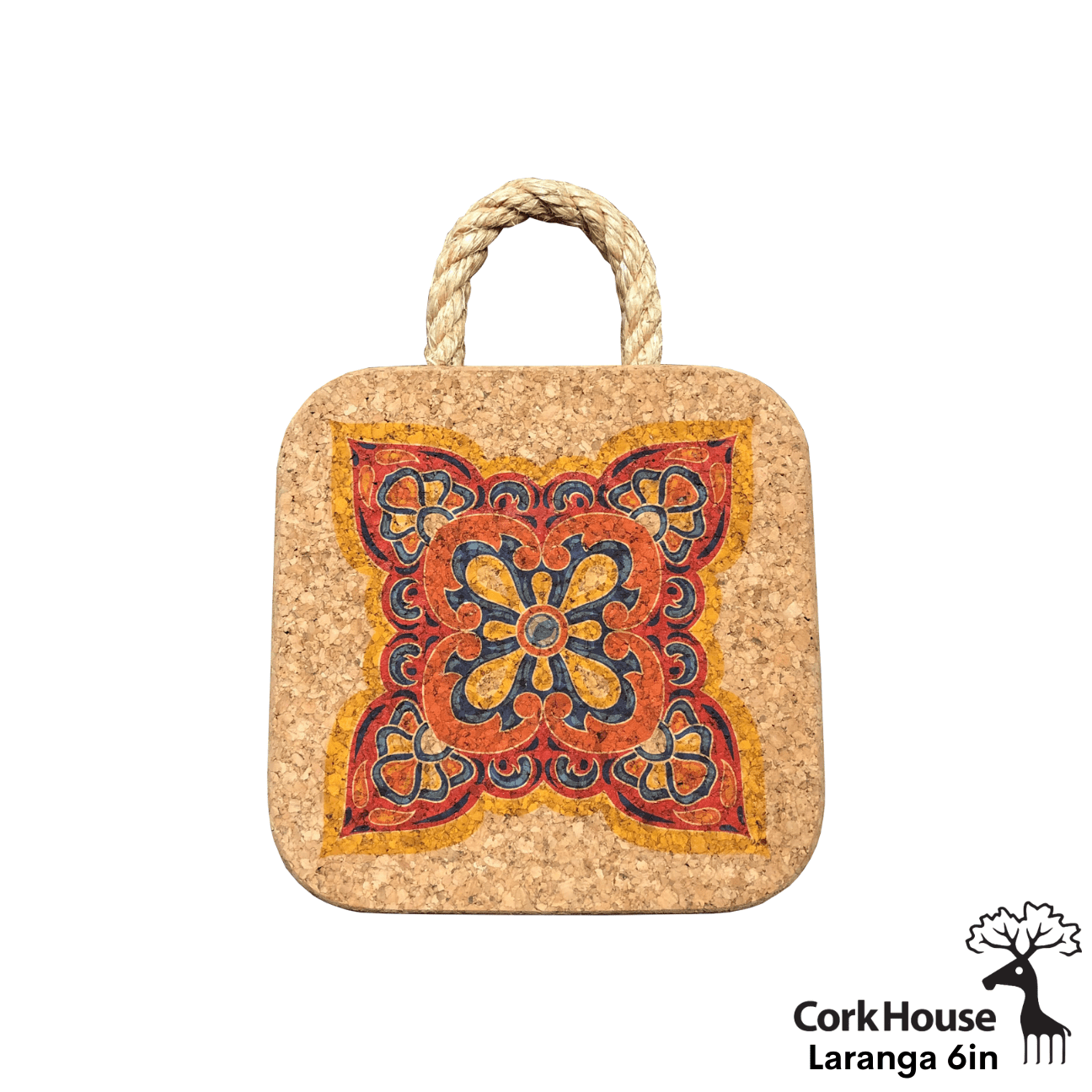 The 6 inch laranga hot pad features the same geometric pattern as the other laranga hot pad with a sturdy rope handle.