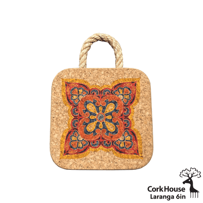 The 6 inch laranga hot pad features the same geometric pattern as the other laranga hot pad with a sturdy rope handle.