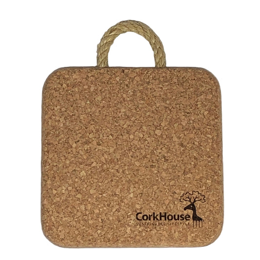 Large square cork trivet with corkhouse logo and rope handle 