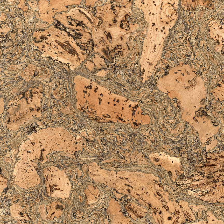 Close-up of Cork Stone Cork wall tile featuring a swirling natural cork pattern with tan, gray, and green accents