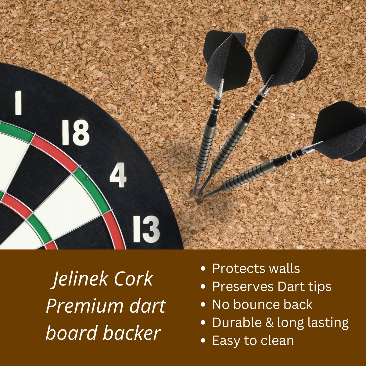 Jelinek Cork Premium dart board backer shown in a promotional graphic with a close-up of a dartboard, three darts in the cork, and text listing benefits such as wall protection and easy cleaning.