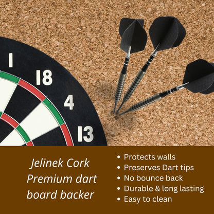 Jelinek Cork Premium dart board backer shown in a promotional graphic with a close-up of a dartboard, three darts in the cork, and text listing benefits such as wall protection and easy cleaning.