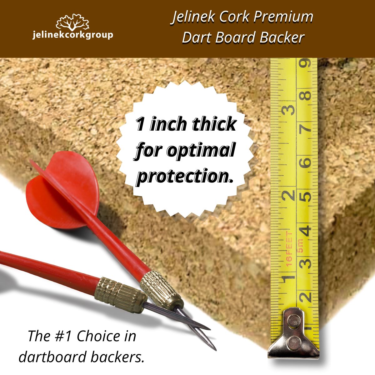 Jelinek Cork Premium Dart Board Backer shown as a close-up of cork material with a yellow tape measure and two red darts, with text reading '1 inch thick for optimal protection.' and 'The #1 Choice in dartboard backers.
