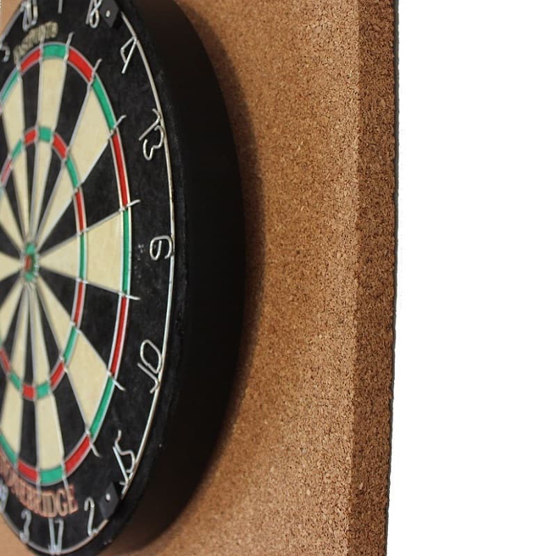 Close-up of a dartboard on a cork dartboard backer.