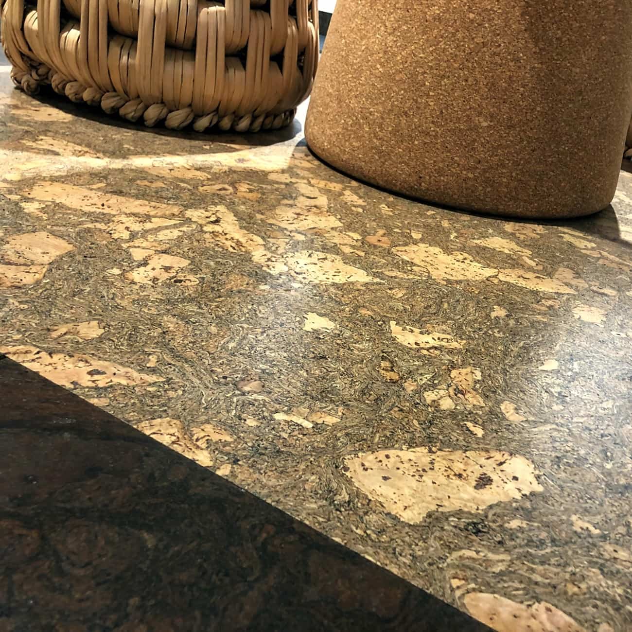 Closeup of Corkstone cork flooring shows the colors and design of this tile.