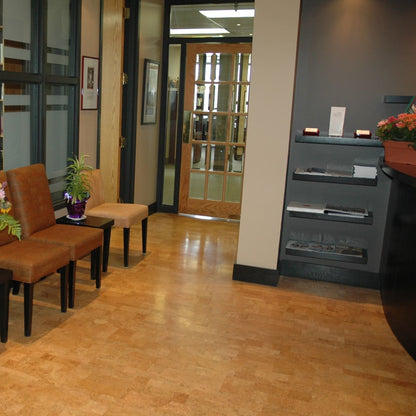 Jelinek Harmony floating cork flooring installed in an office waiting room
