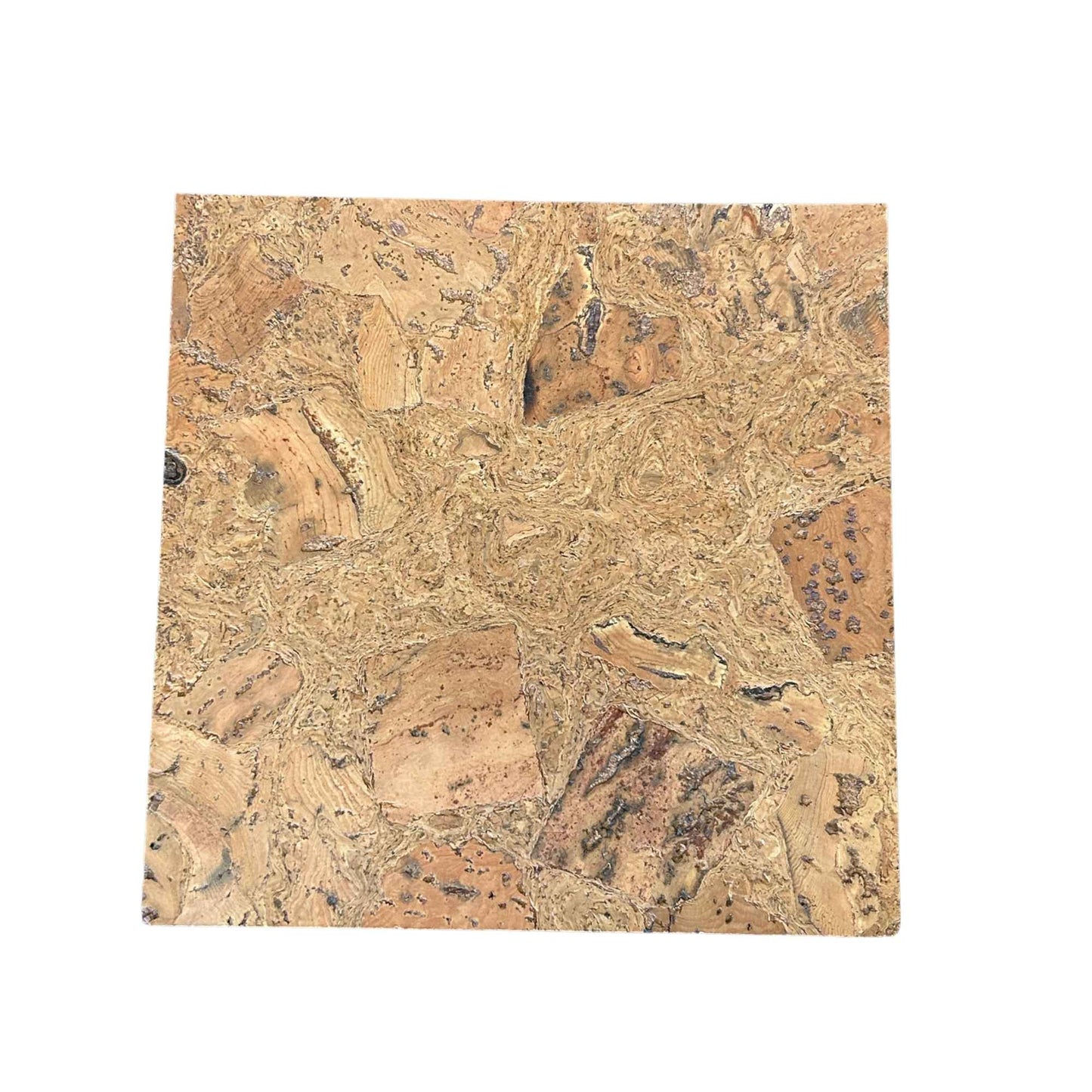 A square cork tile with a natural cork texture in shades of tan, brown, and beige, shown against a plain white background.