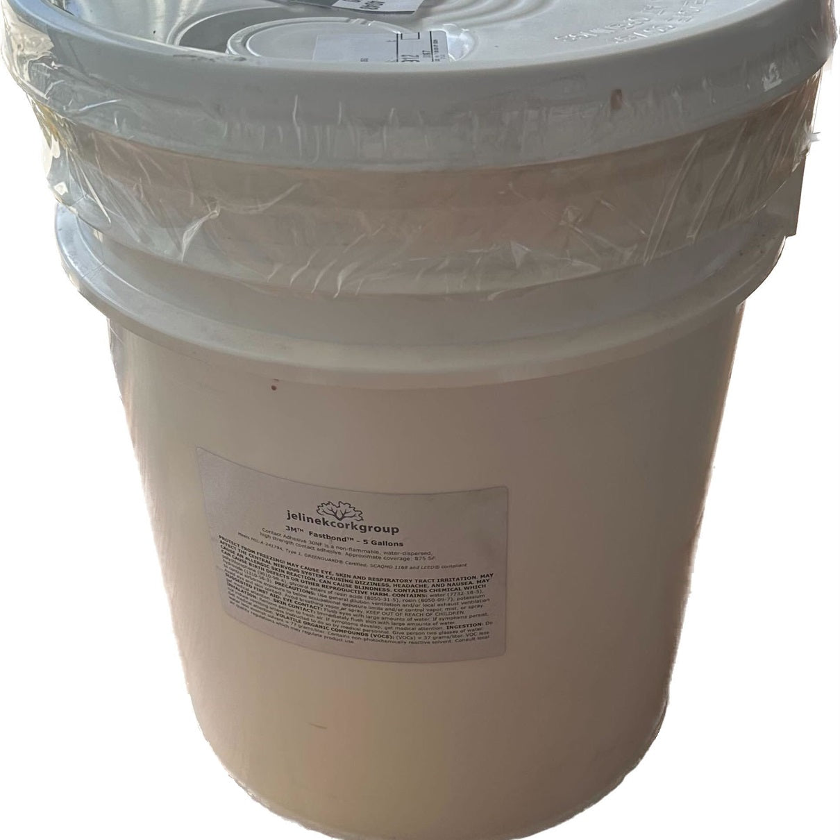 5 gallon white bucket of contact cement on a white background
