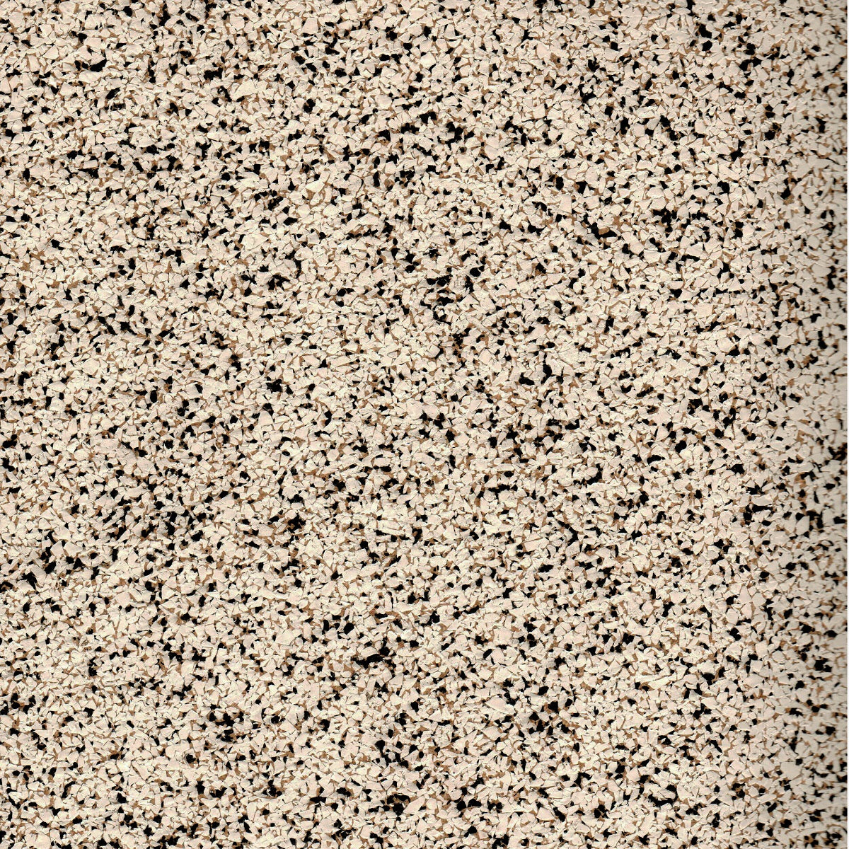 Close up of Alpine rubber cork floor pattern featuring a warm white base color with speckles of black, and cork tan. 