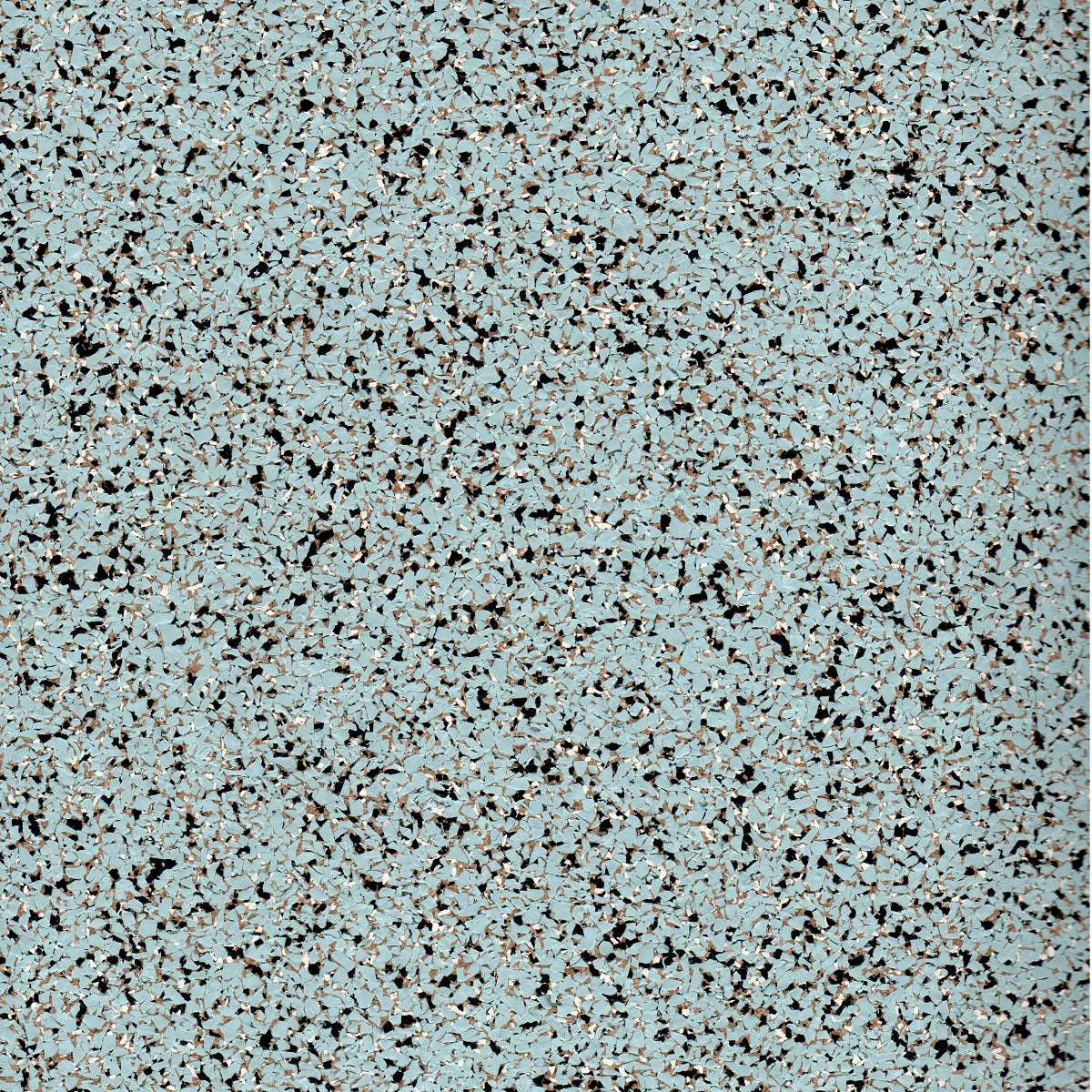 Close up of Arctic Mist rubber cork floor pattern featuring a bright cool blue base color with speckles of black, white, and cork tan. 