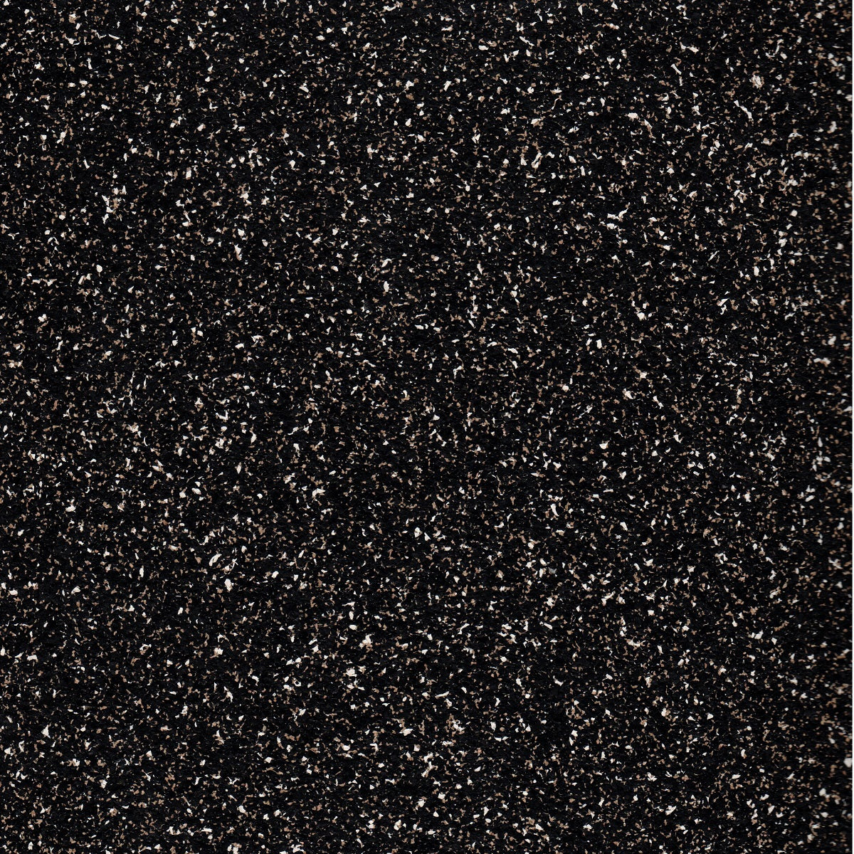 Close up of Galaxy rubber cork floor pattern featuring a black base color with speckles of black, white, and cork tan. 