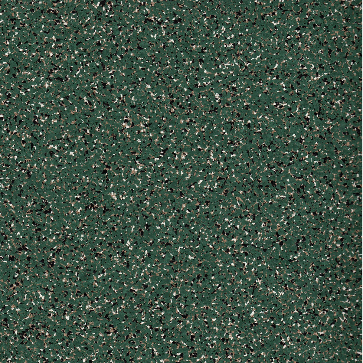 Close up of Marsh rubber cork floor pattern featuring a forest green base color with speckles of black, white, and cork tan. 