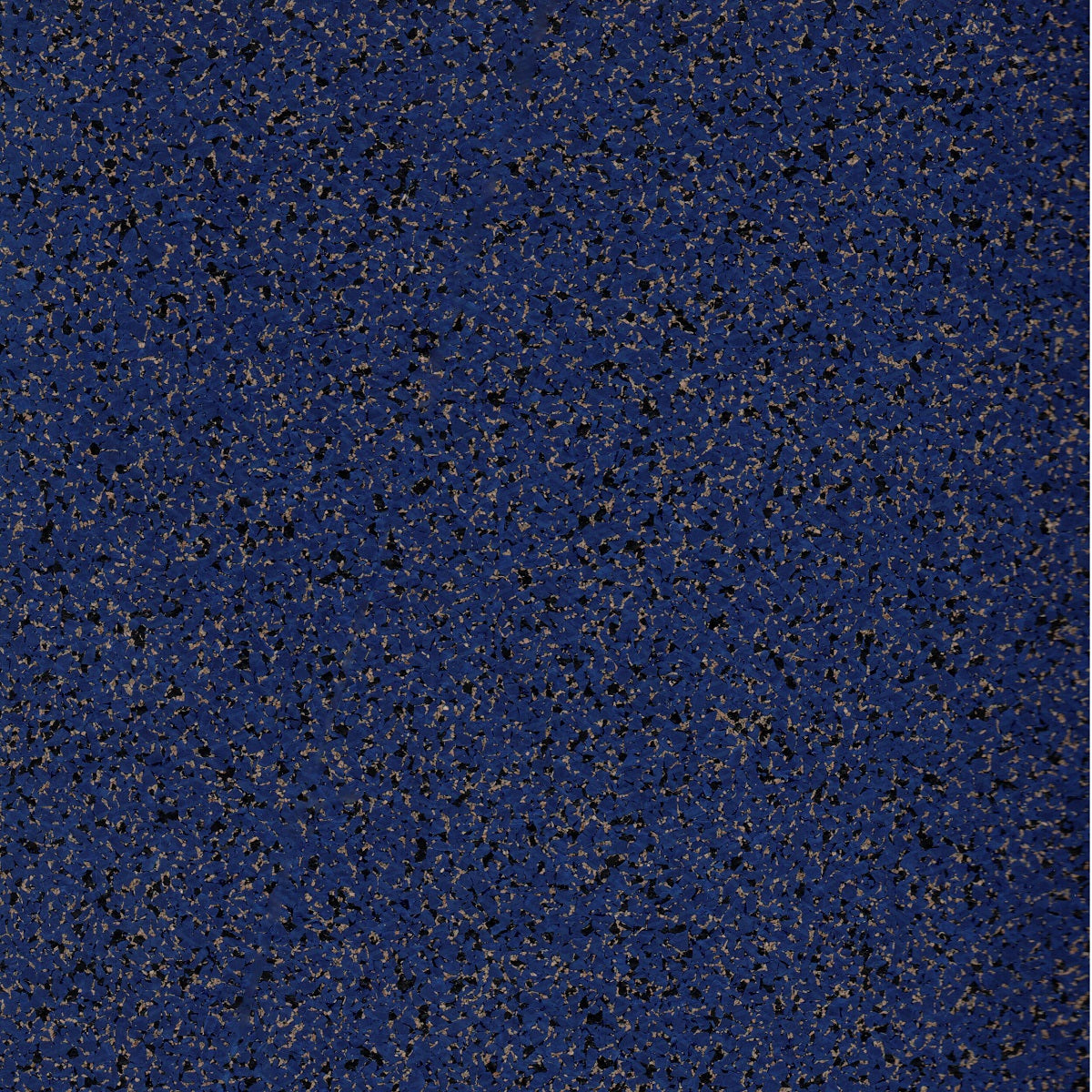 Close up of Ocean Wave rubber cork floor pattern featuring a deep blue base color with speckles of black, and cork tan. 