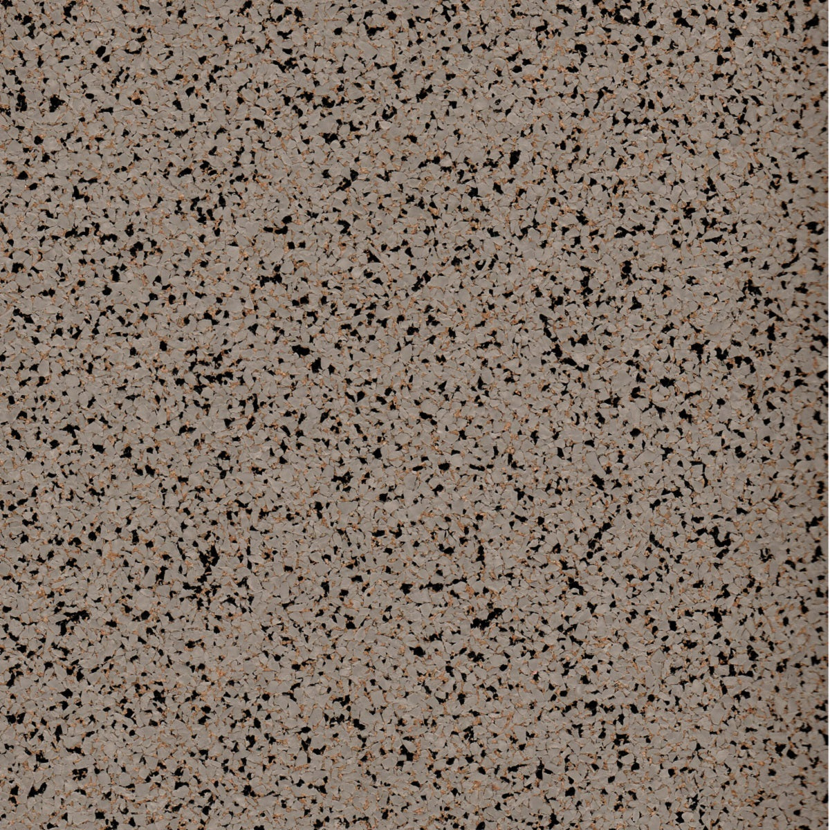 Close up of River Rock rubber cork floor pattern featuring a warm grey base color with speckles of black, and cork tan. 