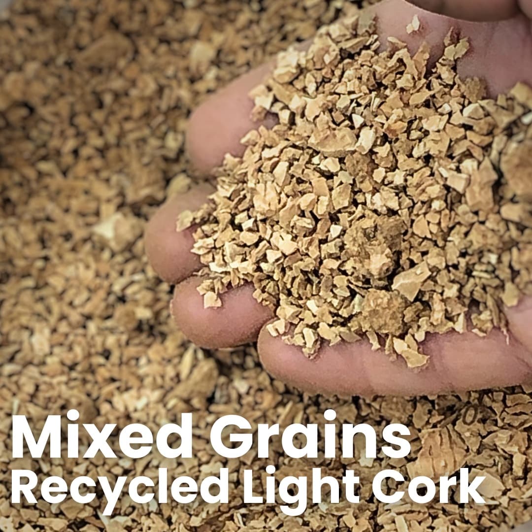 Handful of light colored cork grains in various sizes
