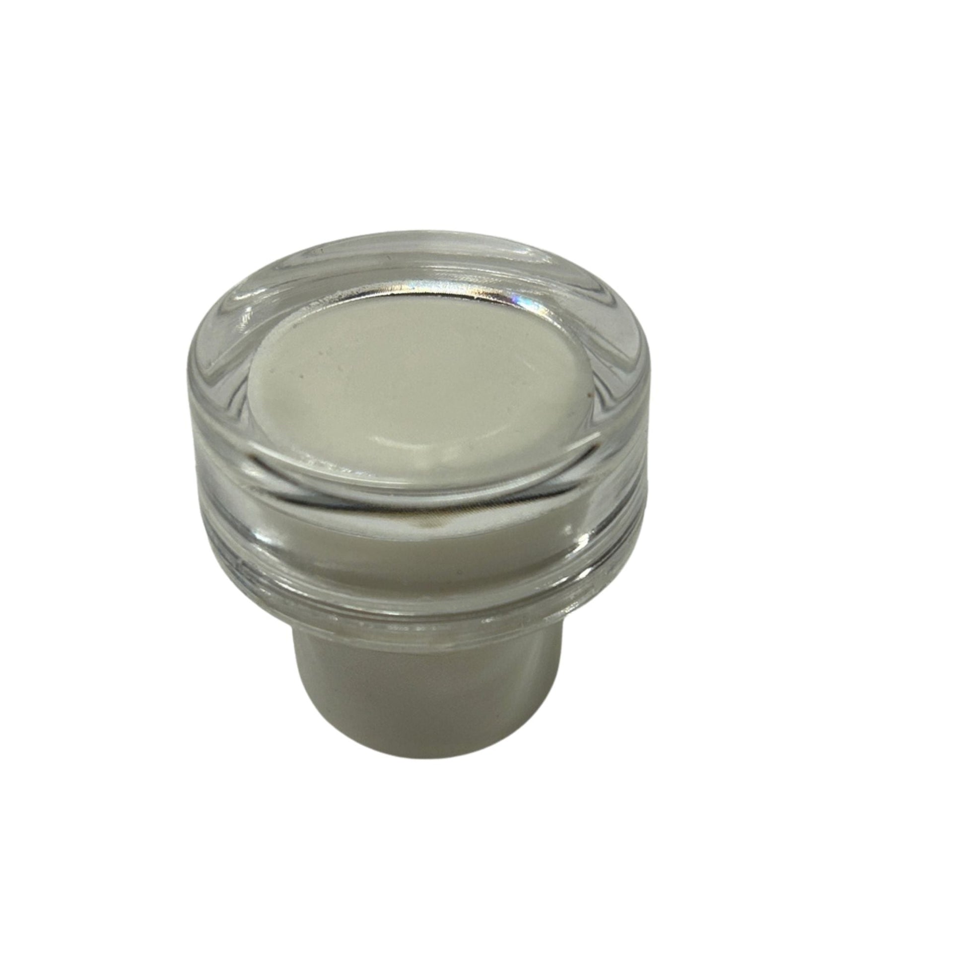 Clear acrylic top t-top stopper with white synthetic cork stem. 