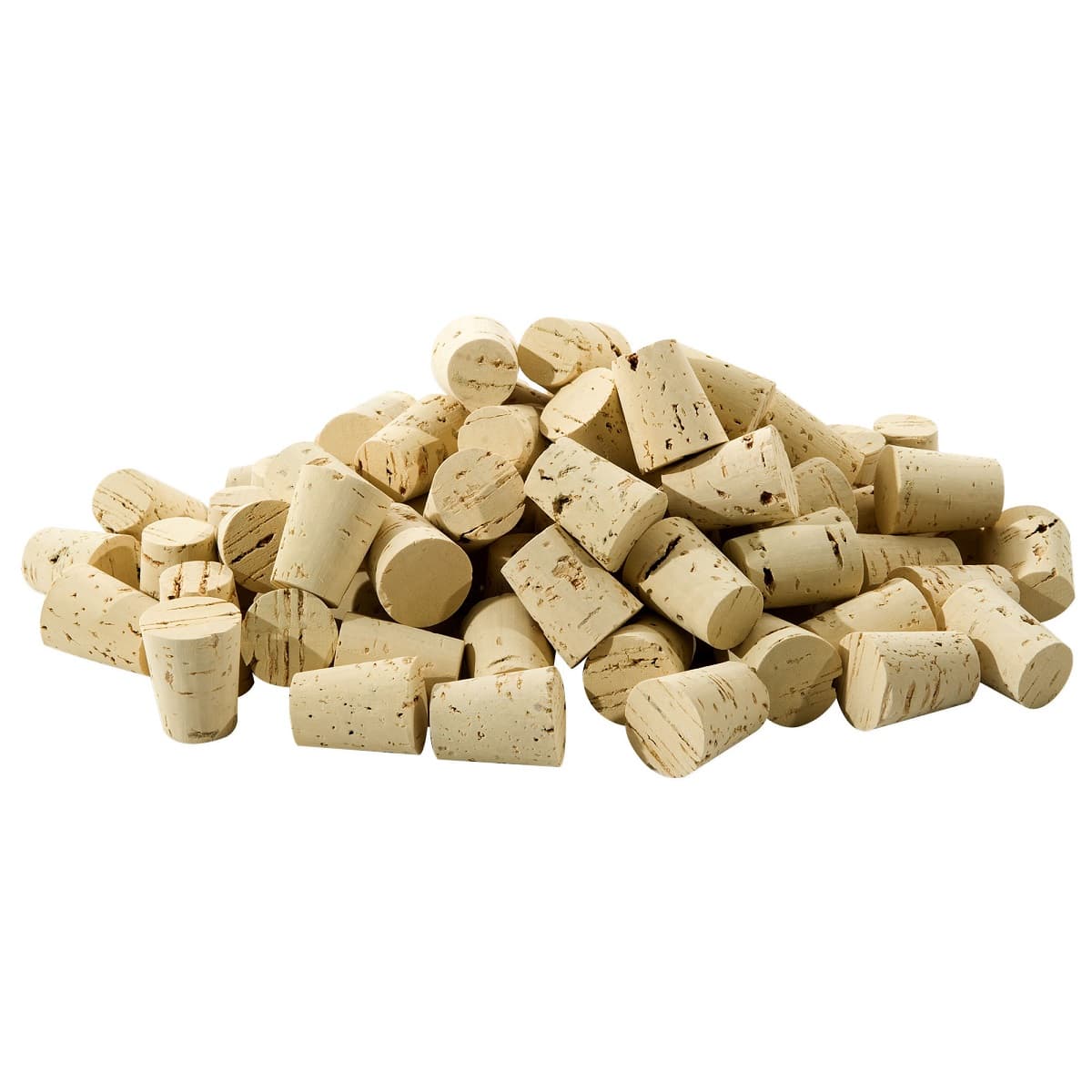 Pile of natural tapered cork stoppers on a white background