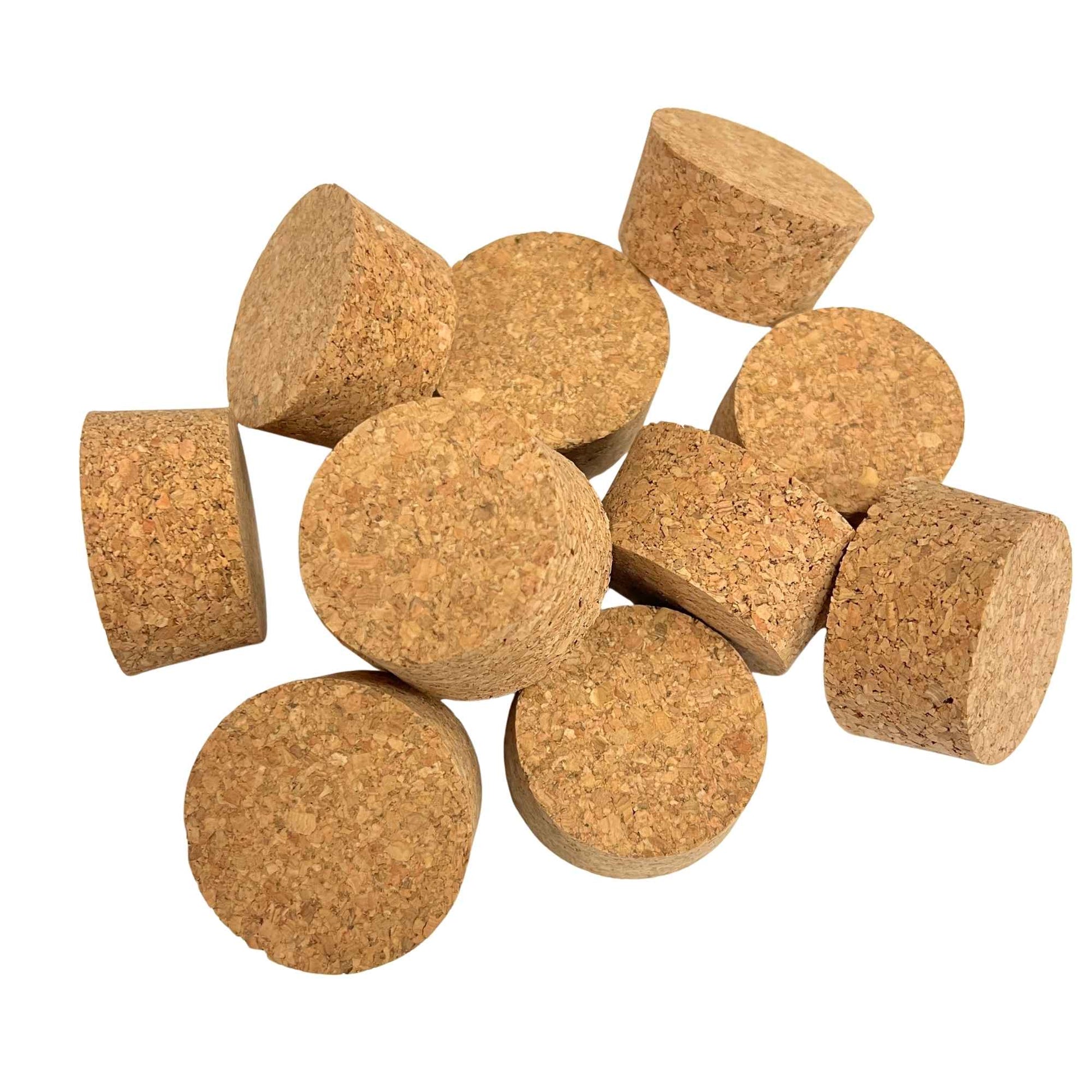 Various angled views of short-length tapered cork stoppers showing texture, size SL26