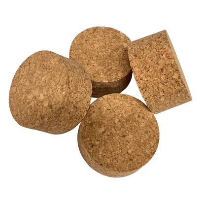 Four SL30 agglomerate tapered cork stoppers shown from different angles