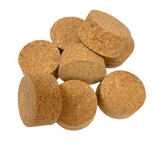 Various angled views of short-length tapered cork stoppers showing texture and shape, size SL30