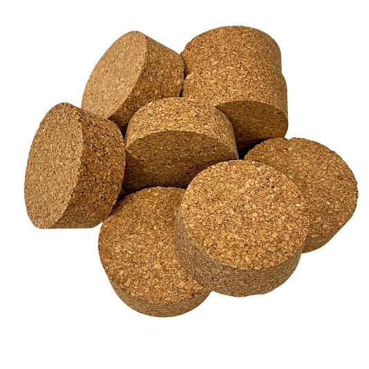 Various angled views of short-length tapered cork stoppers showing texture, size SL34