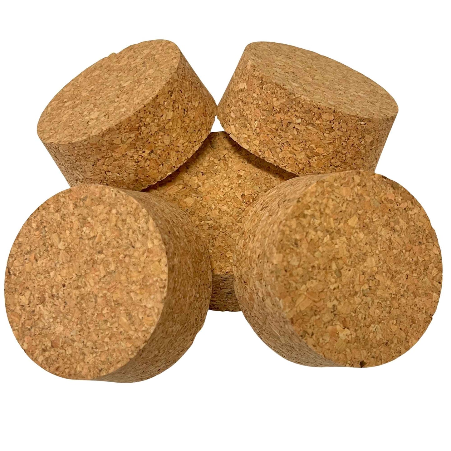 Various angled views of short-length tapered cork stoppers showing texture, size SL36